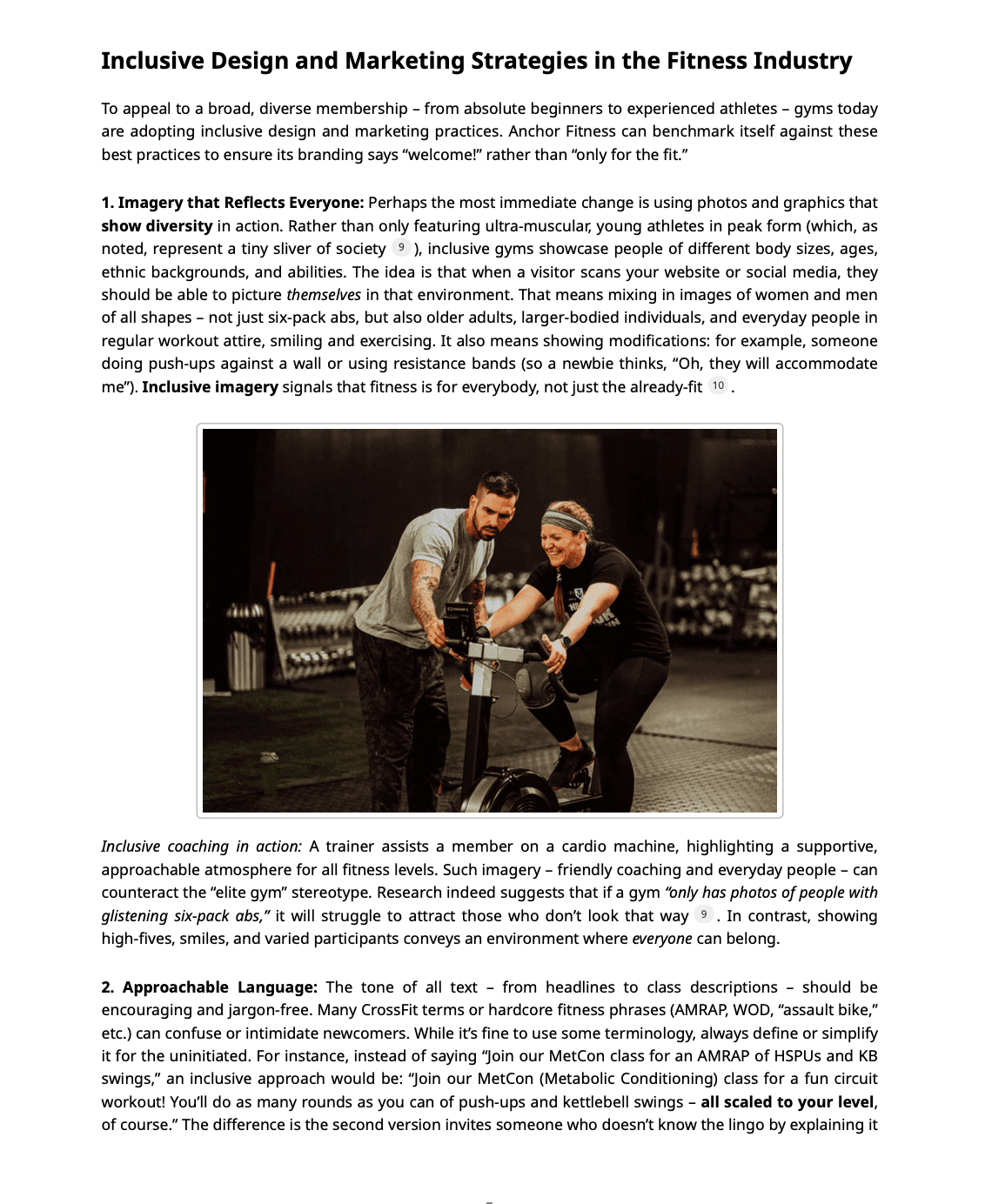 AI-driven research analysis for fitness industry best practices and inclusive design strategies