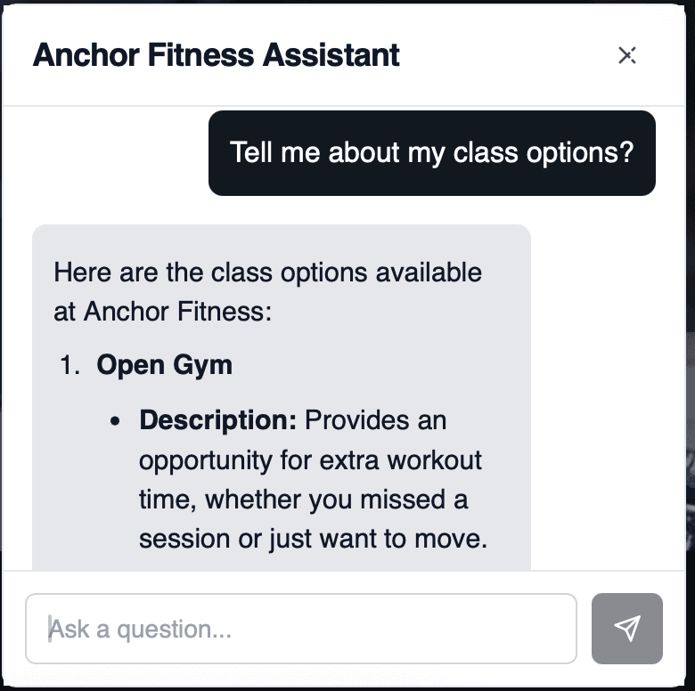 AI-powered RAG chatbot providing 24/7 customer support for Anchor Fitness